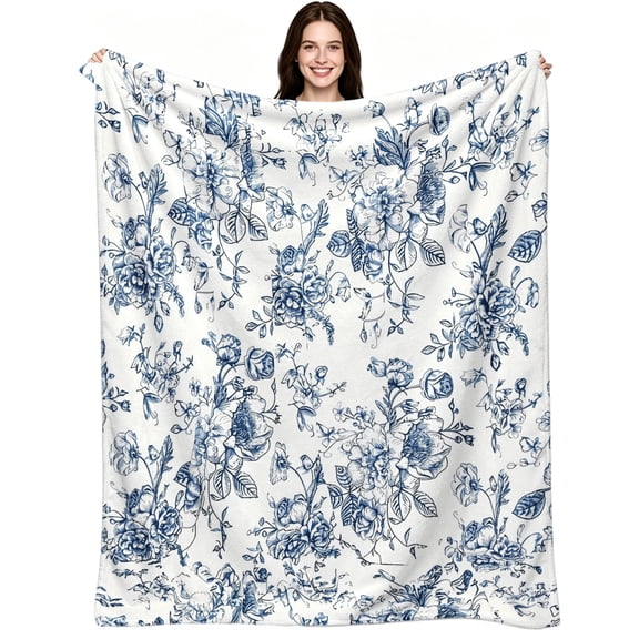 Vintage Blue White Floral Toile Print, Soft Warm Flannel Fleece, Vintage Elegant Aesthetic, Throw Blanket, Cozy Warm, Home Decor, Couch Sofa Bed Home, Gift