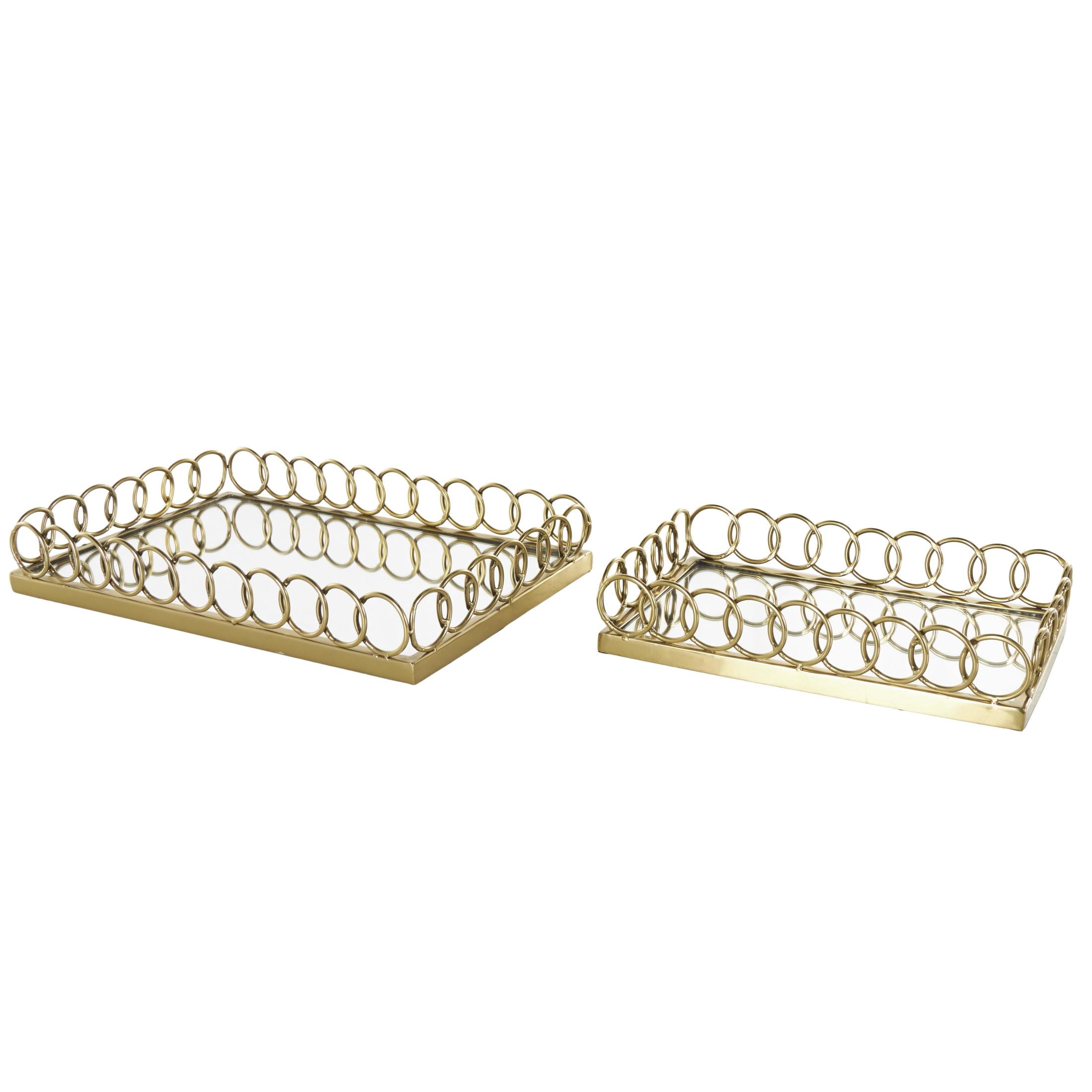 DecMode 18", 14"W Gold Stainless Steel Metal Mirrored Geometric Tray with Wire Rod Frame, 2-Pieces