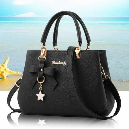 NBXPOW Women's PU Leather Solid Print Bow Tote Crossbody Handbag, Black