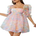 thumbnail image 3 of Women‘s Summer Puff Sleeve Tulle Babydoll Dress Fairy Ruffle Pattern Print  A-line Mini Dress, 3 of 8