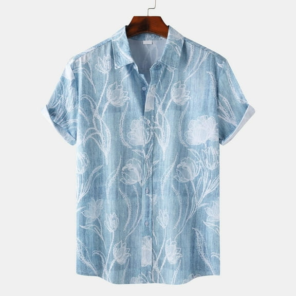 ALLLIST Collared Mens Shirts Short Sleeve Hawaiian Button Down Shirts Blue Casual Clothes for Men