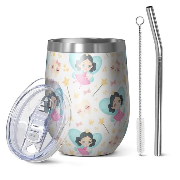 12oz Stemless Wine Tumblers Fairy Tale Princess Pattern Vacuum Insulated Stainless Steel Travel Tumbler Cups Mug with Lid and Straw for Champaign,Cocktail,Beer with Cleaning Brush