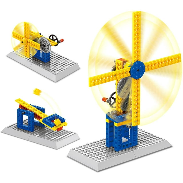 kits de ciencia 3 en 1 molino de viento stem aprendizaje juego de juguetes de construcción para niños, vista frontal centrada de tres modelos sobre bases grises: molino con aspas amarillas y engranajes visibles en torre azul, planeador y versión compacta; bloques modulares amarillo/azul/gris, manual incluido, para mayores de 6 años, adecuado para actividades STEM y prácticas de construcción modular.