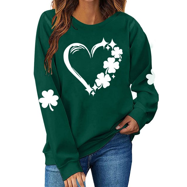 Besolor Chandail en Molleton pour Femmes St Patricks Day Trèfle Imprimé Manches Longues Pull Décontracté Col Rond Graphique