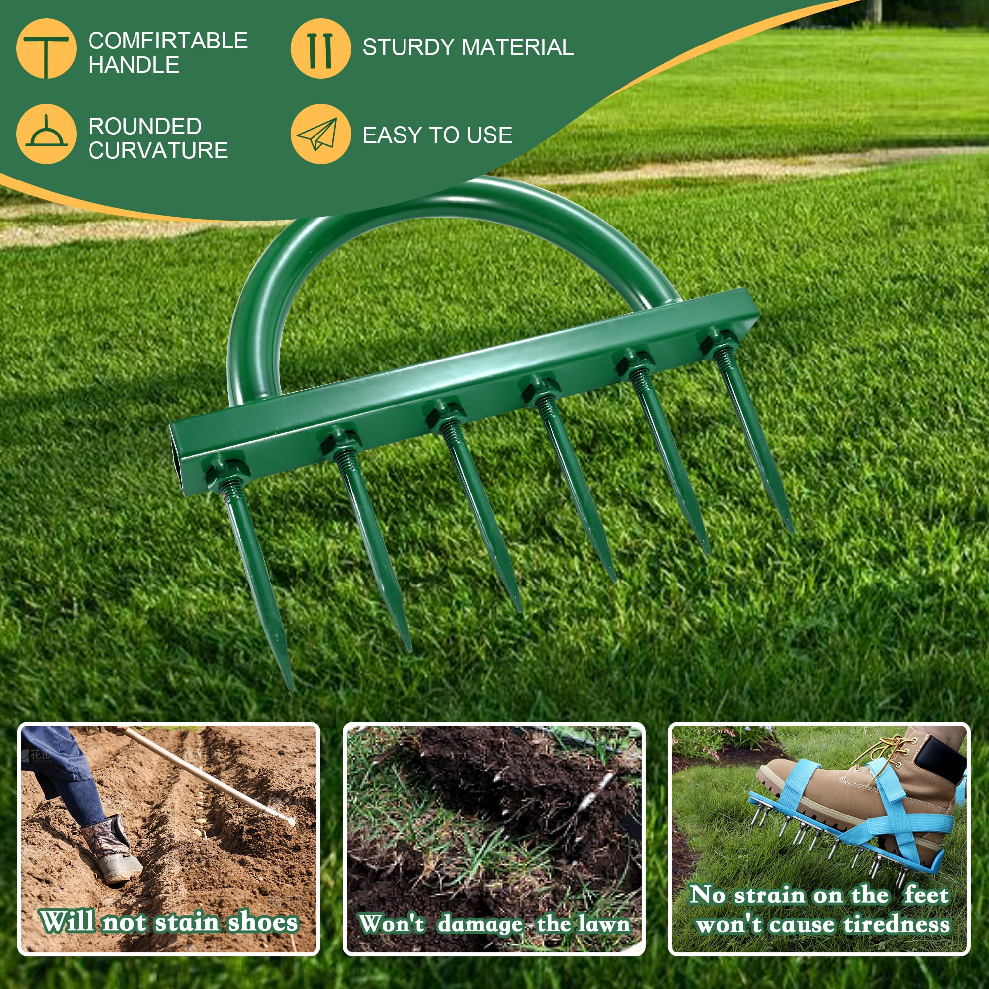 Lawn Aerator Spikes Aerating Tool, Manual Yard Aerator Tools with T-Handle, Wide Foot Plate, Six 3.9 Inch Soil Spikes, Yard Aerators for Lawn Yard & Garden