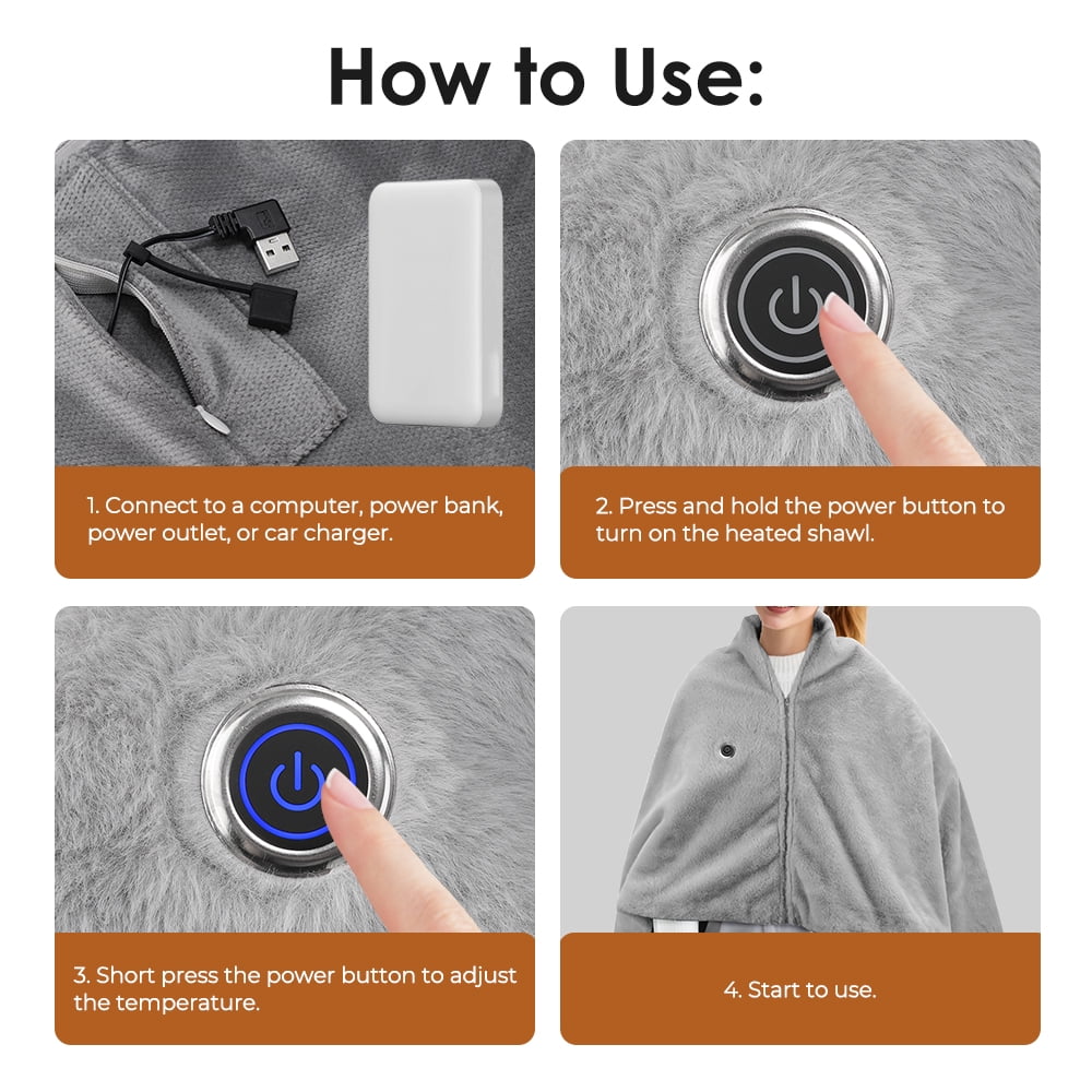 Heated Blanket Shawl, Cordless Wearable Heated Blanket, USB Heating Throw Shawls Portable Electric Blanket with 3 Heating Levels Large 58" x 33" for Home Outdoor(Power Bank is Not Included)