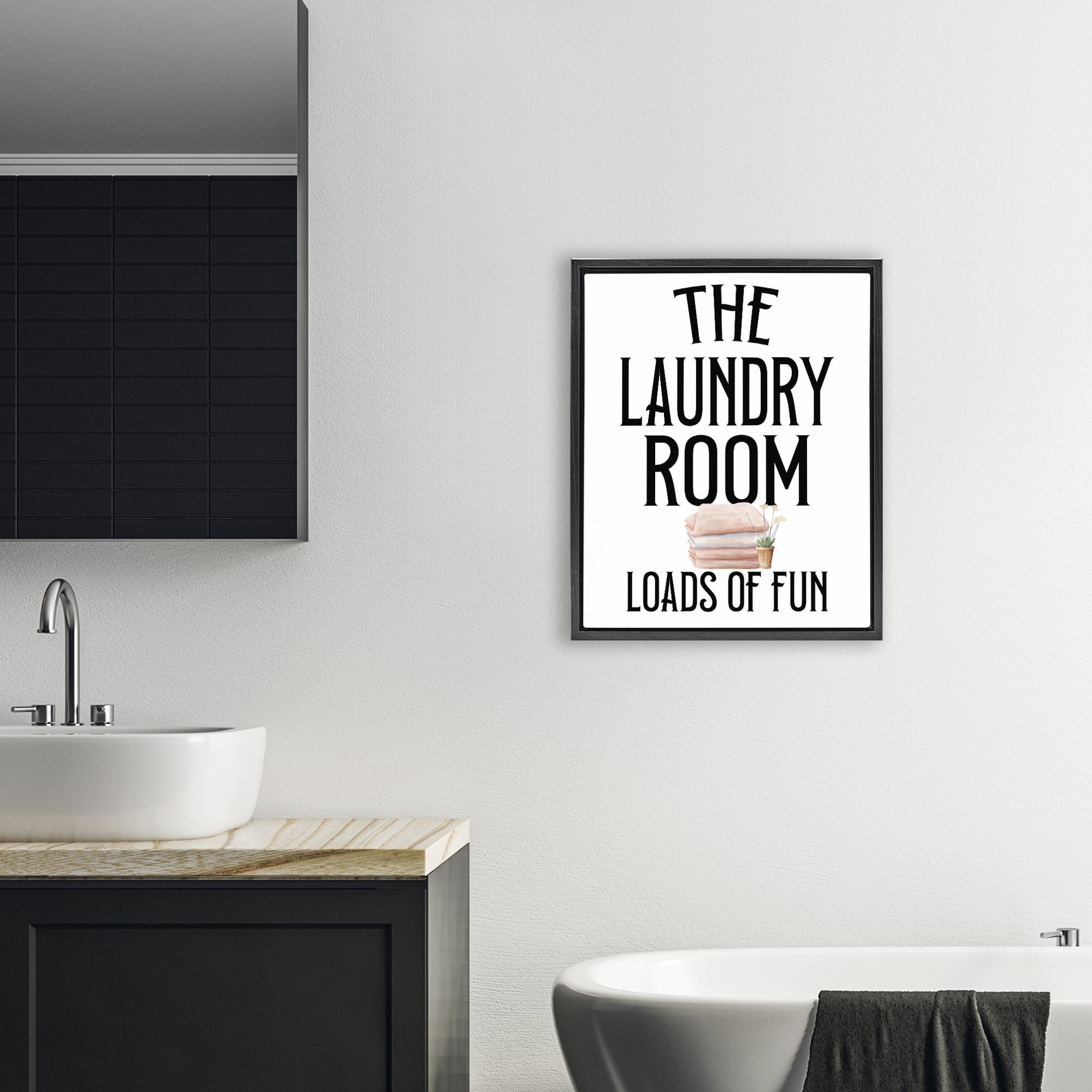 Laundry Room Fun Minimal Black Framed Floater Canvas Wall Art, design by Kim Allen