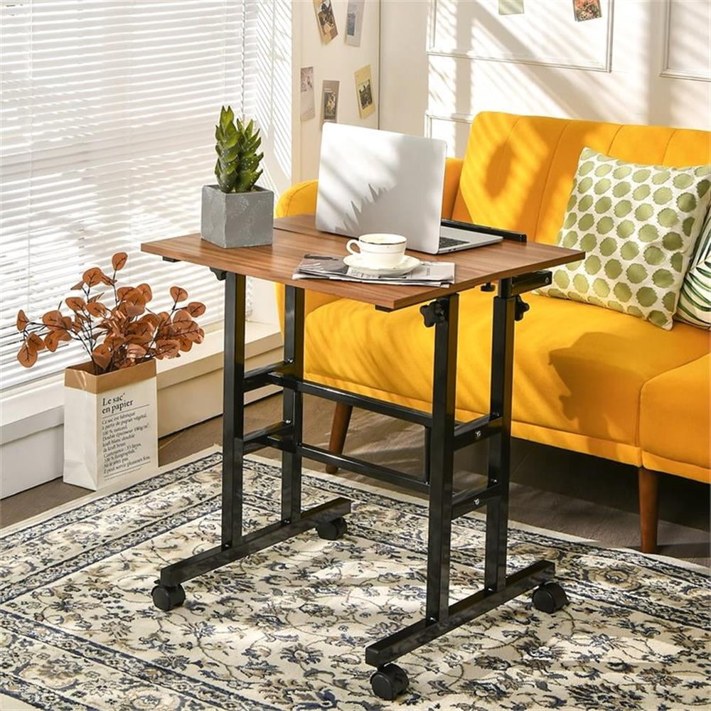 Pemberly Row MDF and Steel Adjustable Rolling Mobile Standing Desk in Walnut