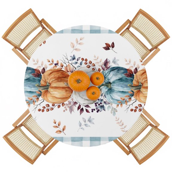 Round Fitted Tablecloths with Elastic Edge Orange Pumpkin Thanksgiving Fall Eucalyptus Leaf Oil-Proof Waterproof Wipeable Table Cover for Kitchen Dining Party Decor Teal Plaid Table Clothes,36" - 44"