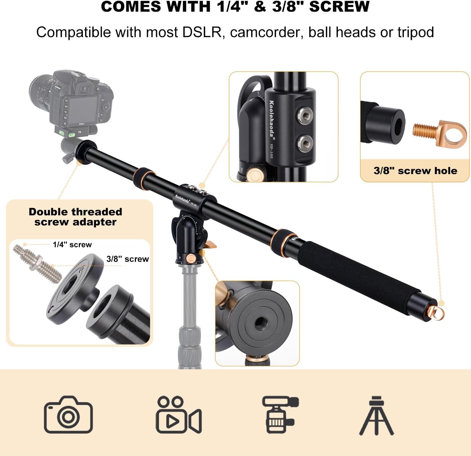 Koolehaoda Tripod Extension Arm 41" Retractable Horizontal Center Column 360° Rotatable 180°Vertical Adjustable Tripod Boom with Sandbag for Camera Macro Overhead Photography, Load Up to 33lbs