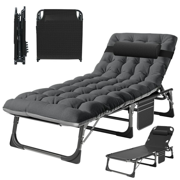 XgoodX Folding Reclining Beach Sun Patio Chaise Lounge Chair Pool Lawn Lounger Outdoor-Grey With Black Mattress