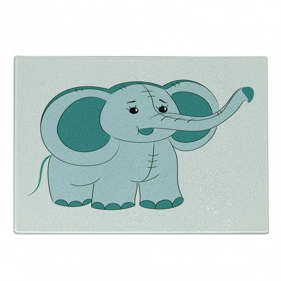 Teal Elephant Cutting Board, Toy Like Animal with Big Ears and Trunk in Cartoon Style Print, Decorative Tempered Glass Cutting and Serving Board, in 3 Sizes, by Ambesonne