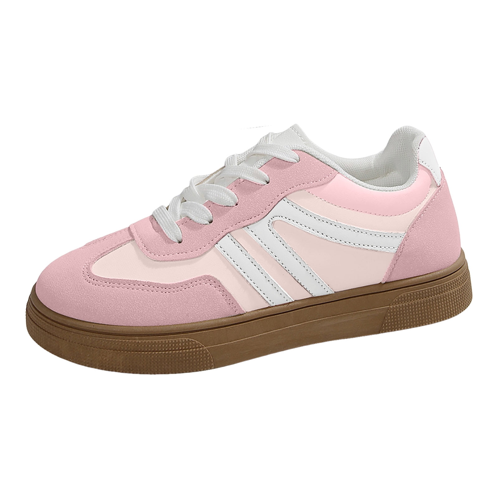 Flat Shoes for Women Vintage Classic Thick Sole Trainers Skate Shoes Splice Suede Lace up Antislip Walking Tennis Shoes Low Top Sneakers Pink Size 9
