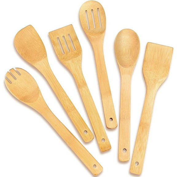 Bamboo Wooden Spoons for Cooking 6 Pcs 12Inch,Non-Stick Wooden Kitchen Utensils Set,Natural and Durable Wooden Spatula Spoons for Non-Stick Pan for Cooking