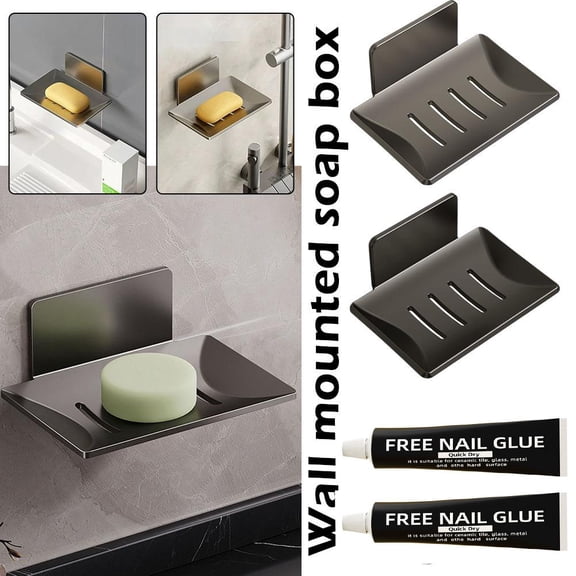 2 Pcs Stainless Steel Soap Dish for Shower Wall, No-Drill Adhesive Soap Holder for Bathroom & Kitchen, Waterproof Soap Saver Rack for Bar Soap, Sponges & Scrubber