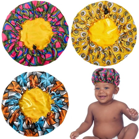 

3 Pieces Kids Satin Bonnet Sleeping Cap Adjustable Toddler Night Sleep Caps Double Layer Reversible Satin Hats for Kids Toddler C