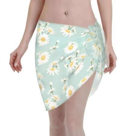 Qekee Floral Daisy Women s Short Sarongs Cover Ups Sheer Bikini Wraps for Swimwear