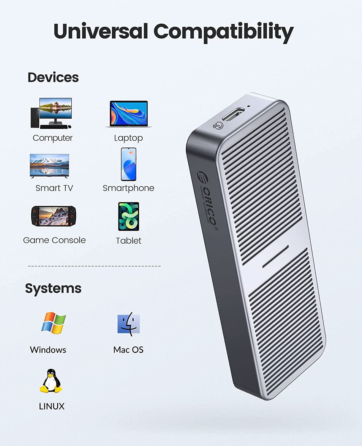 ORICO 20Gbps M.2 NVMe SSD Enclosure Adapter NVMe Enclosure Aluminum External M.2 Enclosure for NVMe M-Key & M+B Key SSD (Max 4 TB)(No Drive)