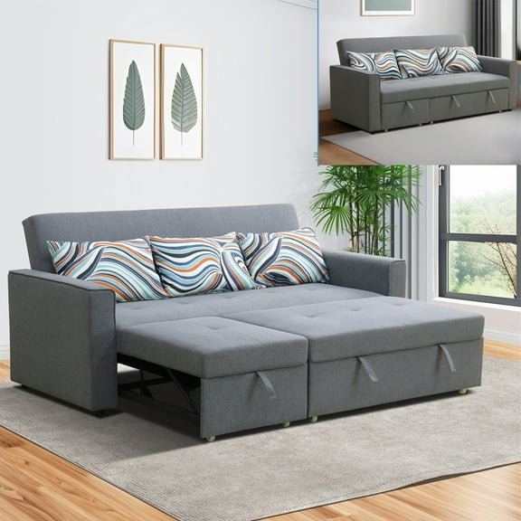 Aukfa 77" Chaise Futon Sofa Convertible L Shape Sleeper Couch for Living Room, 3 Pillows, Linen, Gray