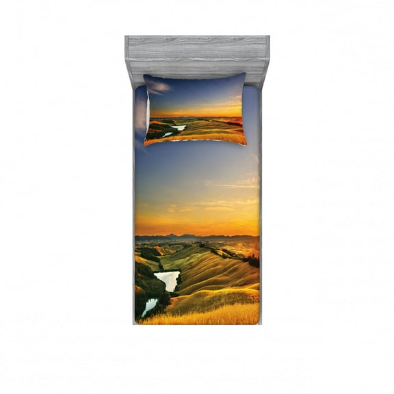 Ambesonne Landscape Fitted Sheet & Pillow Sham Set, Mediterranean Valley, Twin, Blue Yellow Green