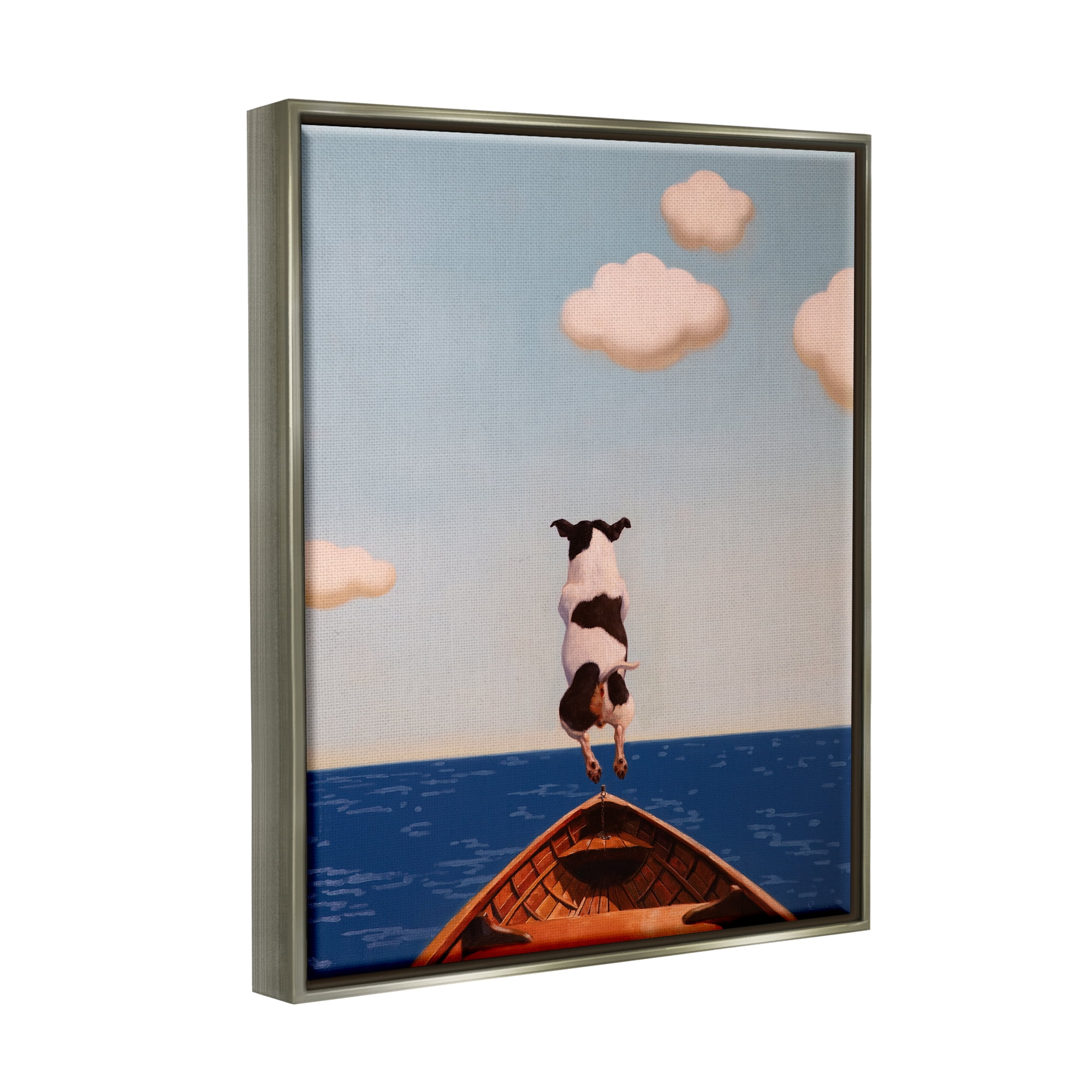 Stupell Industries Dog Jumping In Lake Animals & Insects Painting Gray Floater Framed Canvas Art Print Wall Art, 17 x 21