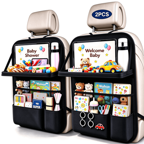iFaveor 2Pack Car Backseat Organizer with Table Tray Car Organizer Back Seat, 9 Storage Pockets, Tablet Holder and Kick Mats for Kids Family Road Trip Travel