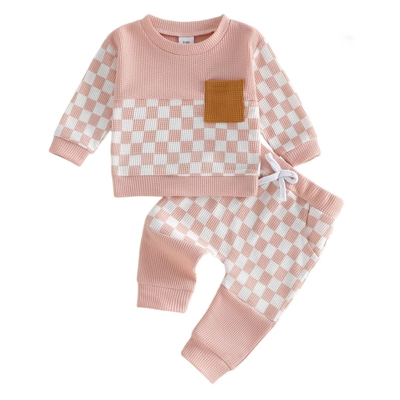 YDFCWXW Toddler Baby Girl Fall Spring Outfit Checker Patchwork Long Sleeve Sweatshirt Elastic Waist Pants Newborn Clothes Set (Red, 18-24 Months)