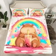 thumbnail image 2 of Feelyou Cute Funny Capibara Bed Sheets for Kid, Milk Tea Animal King Sheets, Cartoon Watercolor Rainbow Sheet Set, Microfiber Bedroom Decor, 4pcs, 2 of 7
