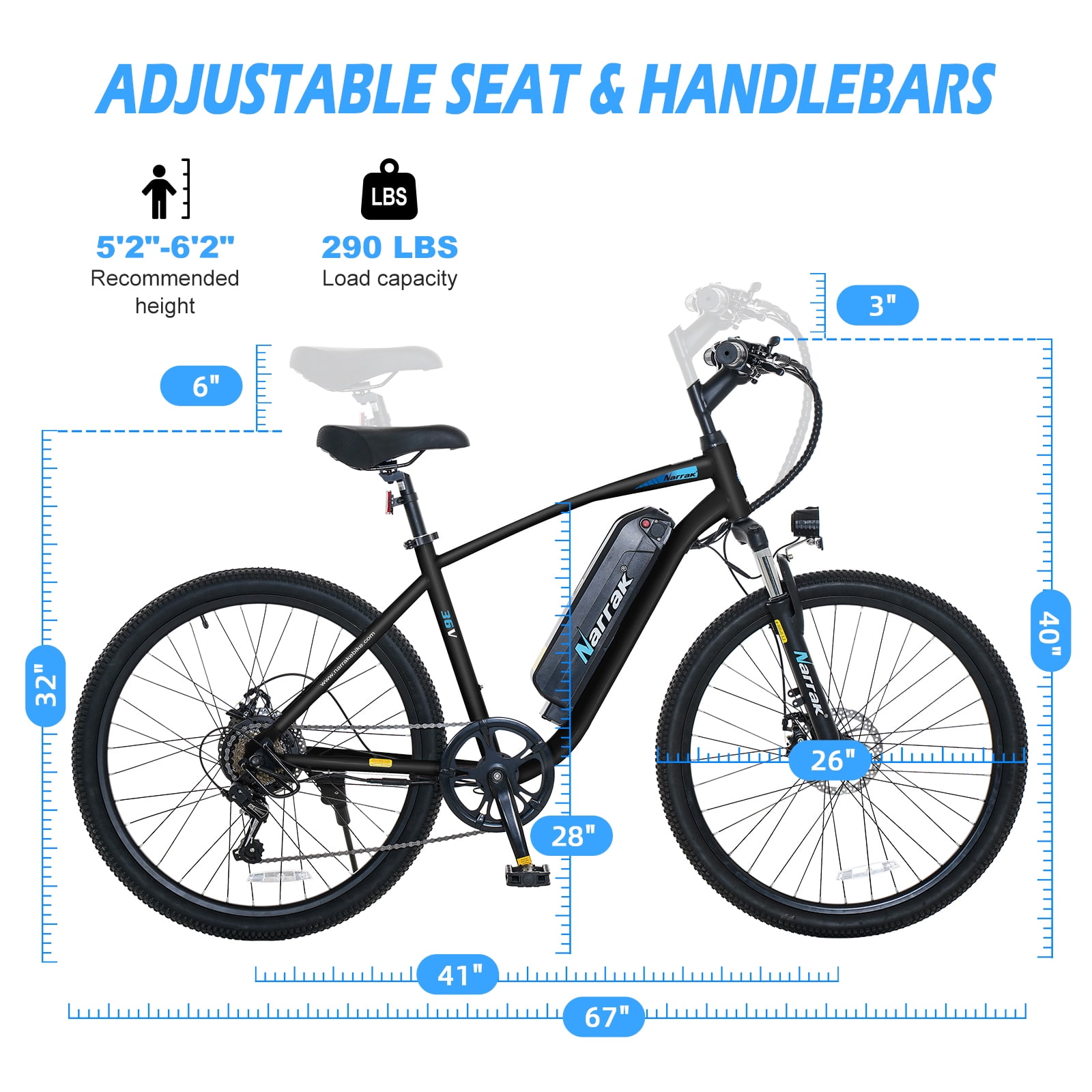 Narrak Electric Mountain Bike for Adults 26" Step-Over Commuting Ebike for Men Women with Peak Power 540W, 374WH Removable Battery, LCD Display, 7 Gears & Front Shock Absorber (Step Over - Black)