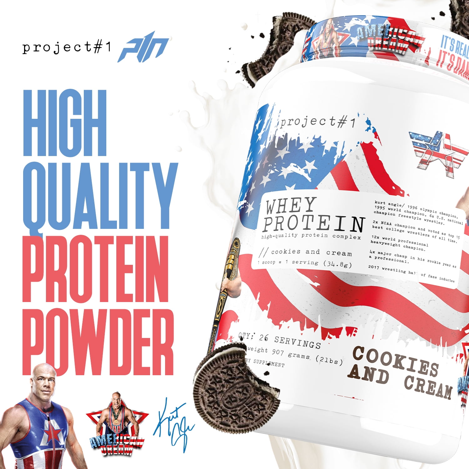 Project #1 Whey Protein Plus Powder: 25g, Muscle Growth & Recovery, Cookies & Cream Flavor, 27 Serv