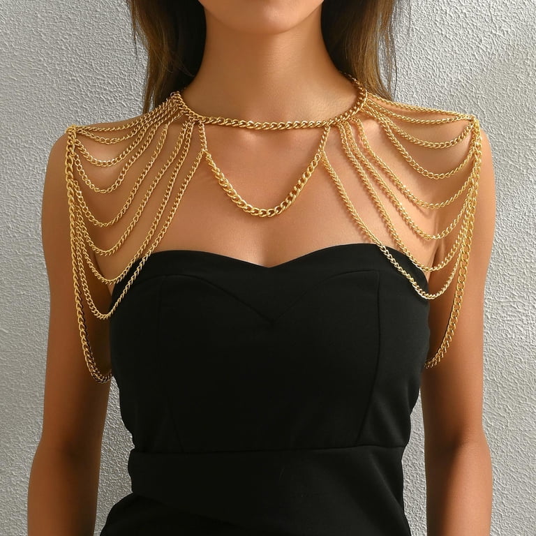 black dress gold body chain The Mystic Dress - Glamorous Black Dress with Cascading Gold Chains and Open Back