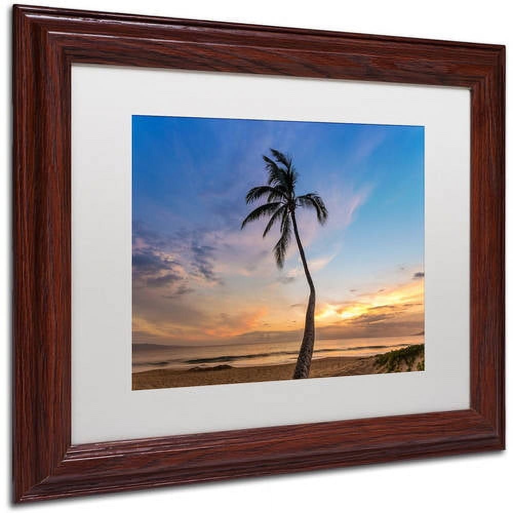 Trademark Fine Art 'Sunset Palm Tree' Canvas Art by Pierre Leclerc, White Matte, Wood Frame