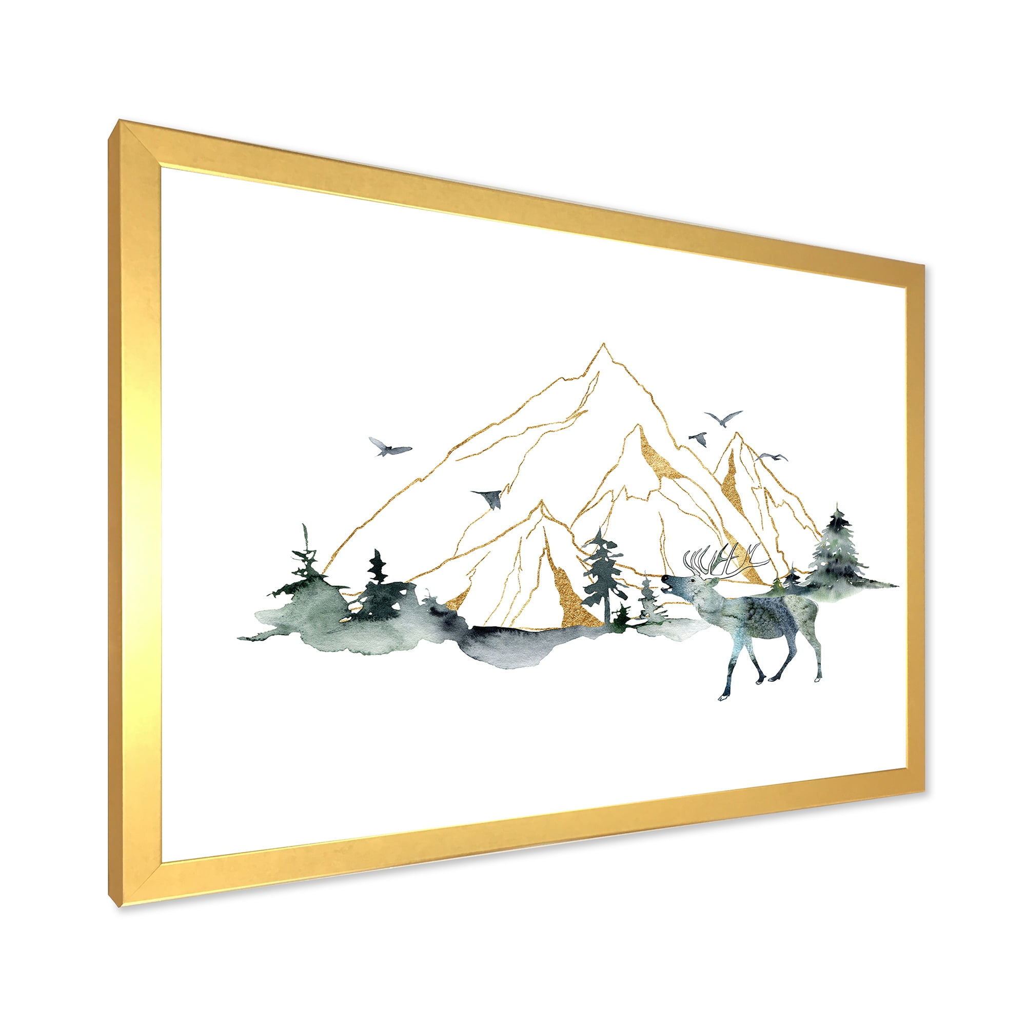 Designart 'Minimalistic Landscape of Forest Deer and Mountains' Modern Framed Art Print