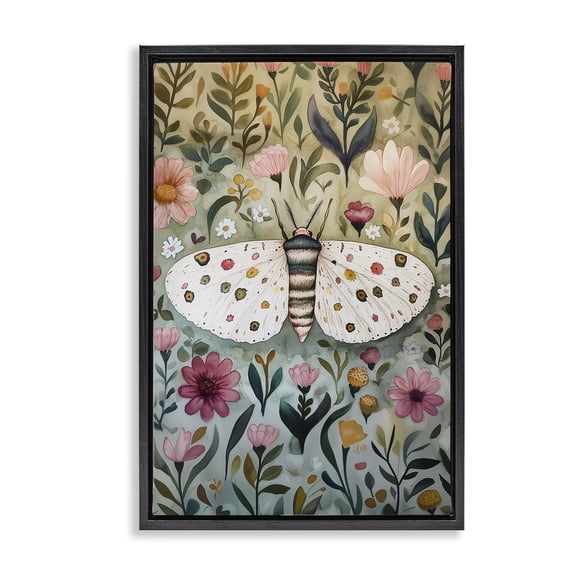 Stupell Industries Flower Speckled Moth Wings Floral Painting Black Floater Framed Canvas Art Print Wall Art, 17 x 25