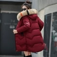 thumbnail image 5 of Winter Women Cotton Jacket with Furry Hood Neck Protection Pockets Mid Length Zipper Closure Padded Coat Solid Color Windproof Outwear Parka, 5 of 7
