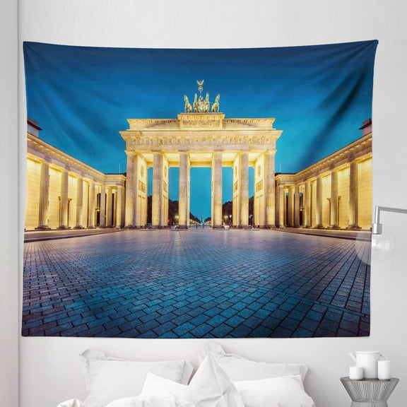 Travel Tapestry, Classic View of Famous Brandenburg Gate Germany National and Landmark, Fabric Wall Hanging Decor for Bedroom Living Room Dorm, 5 Sizes, Blue Yellow Pink, by Ambesonne
