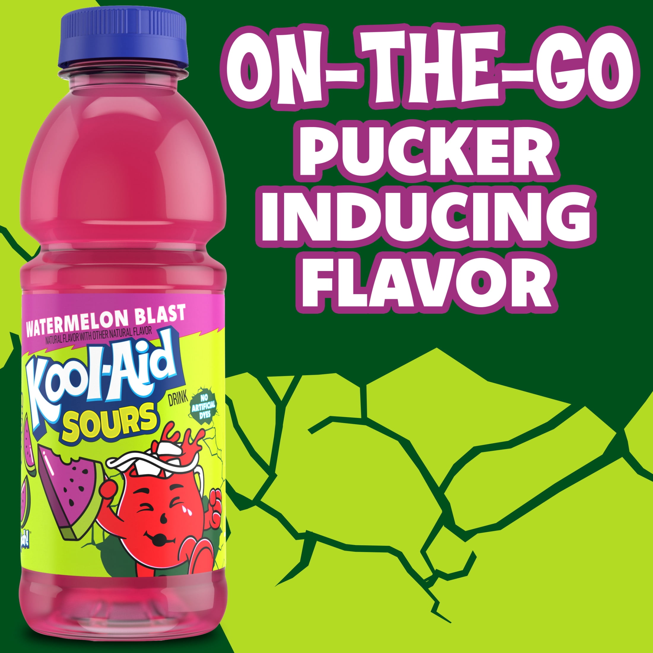 (12 pack) Kool-Aid Sours Naturally Flavored with other Natural Flavor Drink, 1 Bottle, for On-the-Go Hydration, Watermelon Blast, Sour Candy Flavor, No Artificial Dyes, 16 oz
