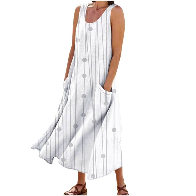 asddcavvf Robes pour Femmes Robe d'Été Sans Manches Décontractée Imprimée Colorée avec Poche pour la Plage