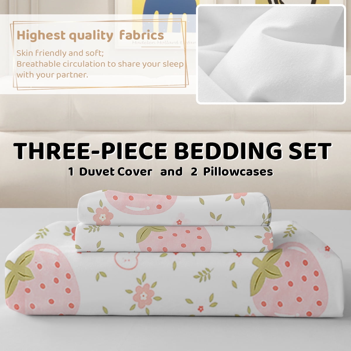 BlessLiving 3Pcs Duvet Cover Set King Size, Pink Strawberry Bedding Set for Kids Girls