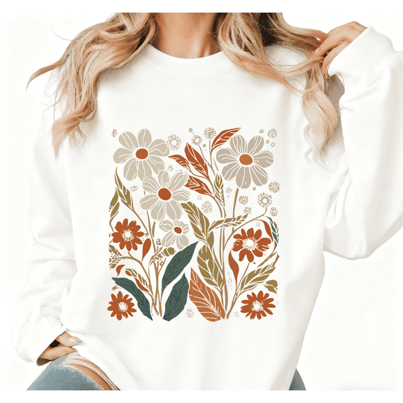 White Earth Tone Floral Bouquet Graphic Sweatshirt Print Sweatshirt S-3XL Tops