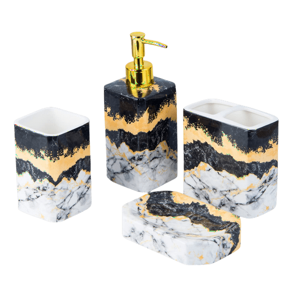 4 Piece Bathroom Accessories Set - Black and White Includes Lotion Dispenser, Toothbrush Holder Tumbler, and Soap Dish - Glossy Finish (Marble, Black, and White)