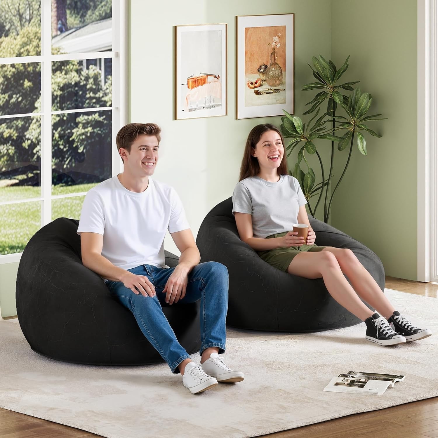 2 Pcs Bean Bag Chair for Kids Adults, Inflatable Chair, No Filler, Comfy, Suit for Dorm Gaming Room Indoor Outdoor, 2 Beige