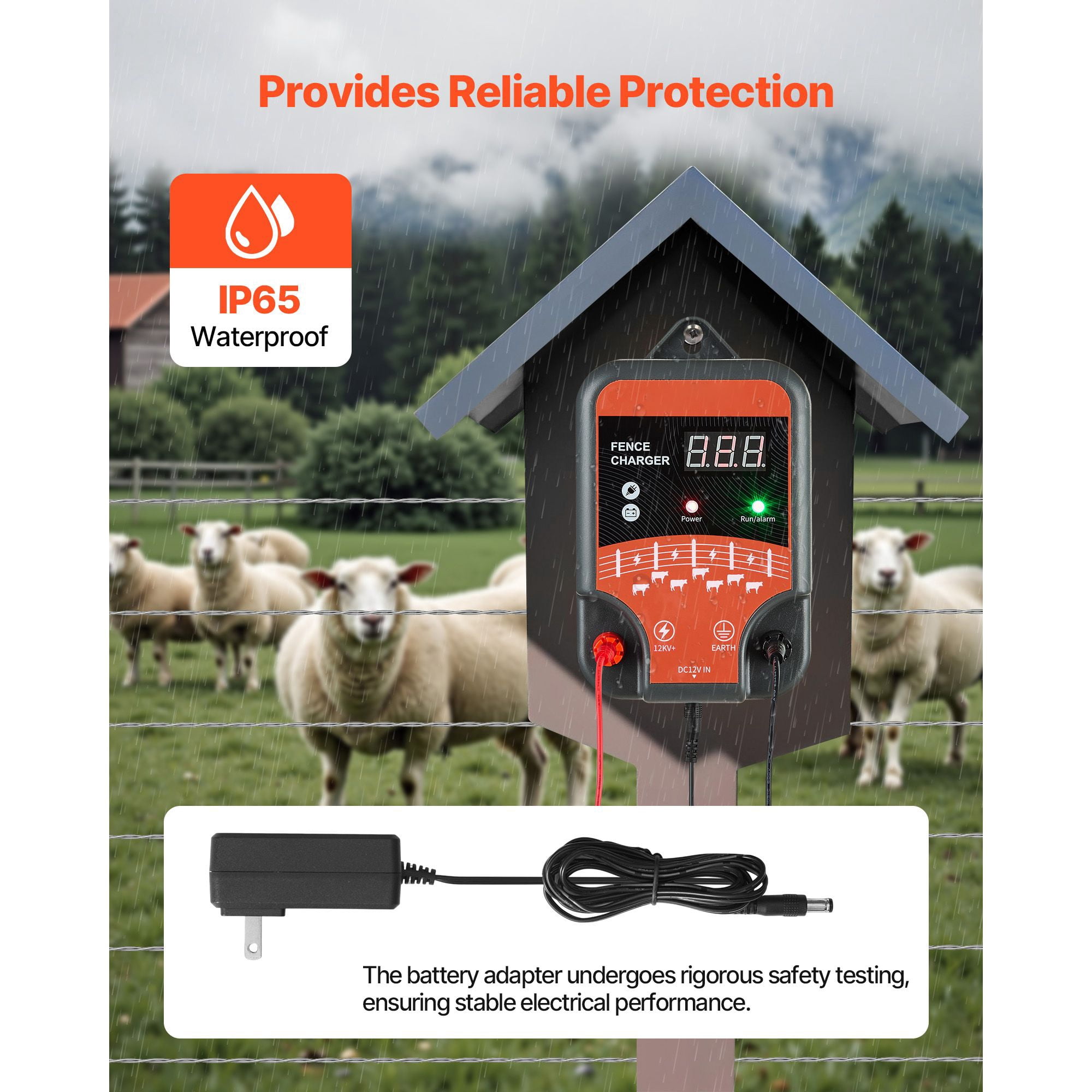 Electric Fence Charger, 3 Joule 12kV Output, Supports AC/DC/Solar Power, IP65 Waterproof, -40°F to 131°F, 1-3 km Range for Livestock and Wildlife Protection