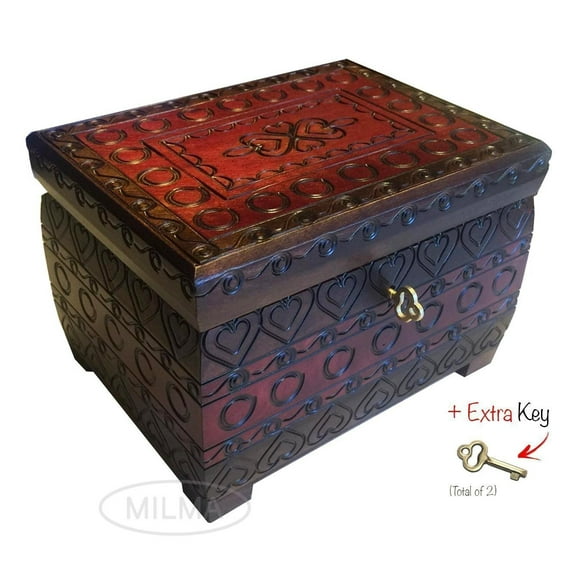 HEARTS Burned Chest Box w/ Lock & Key Handmade Linden Wood Jewelry Heart Keepsake Box from Poland