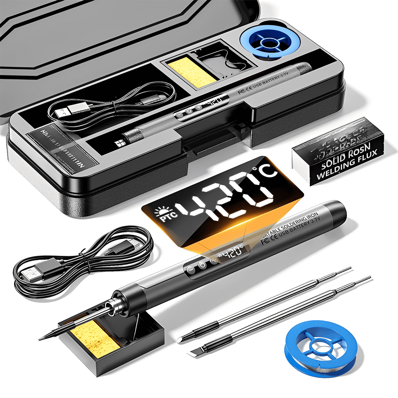 Portable Cordless Soldering Iron Kit, USB Rechargeable with Digital Temperature Display, Fast Heating Welding Tool Set, 1000mAh Battery, 3 Replaceable Tips, Stand, Rosin and Carrying Case