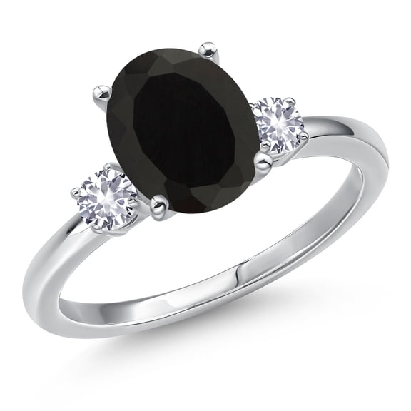 Gem Stone King 14K White Gold Black Onyx and White Created Sapphire Engagement Ring for Women | 2.76 Cttw | Oval 10X8MM | Gemstone December Birthstone | Size 5