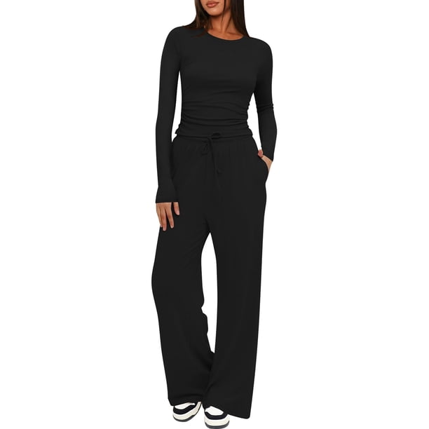 Conjuntos de 2 Piezas para Mujer, Conjuntos de Otoño, Chándales de Larga y Pierna , Conjuntos Casuales para Estar en Casa, Conjuntos A Juego. Negro XXL