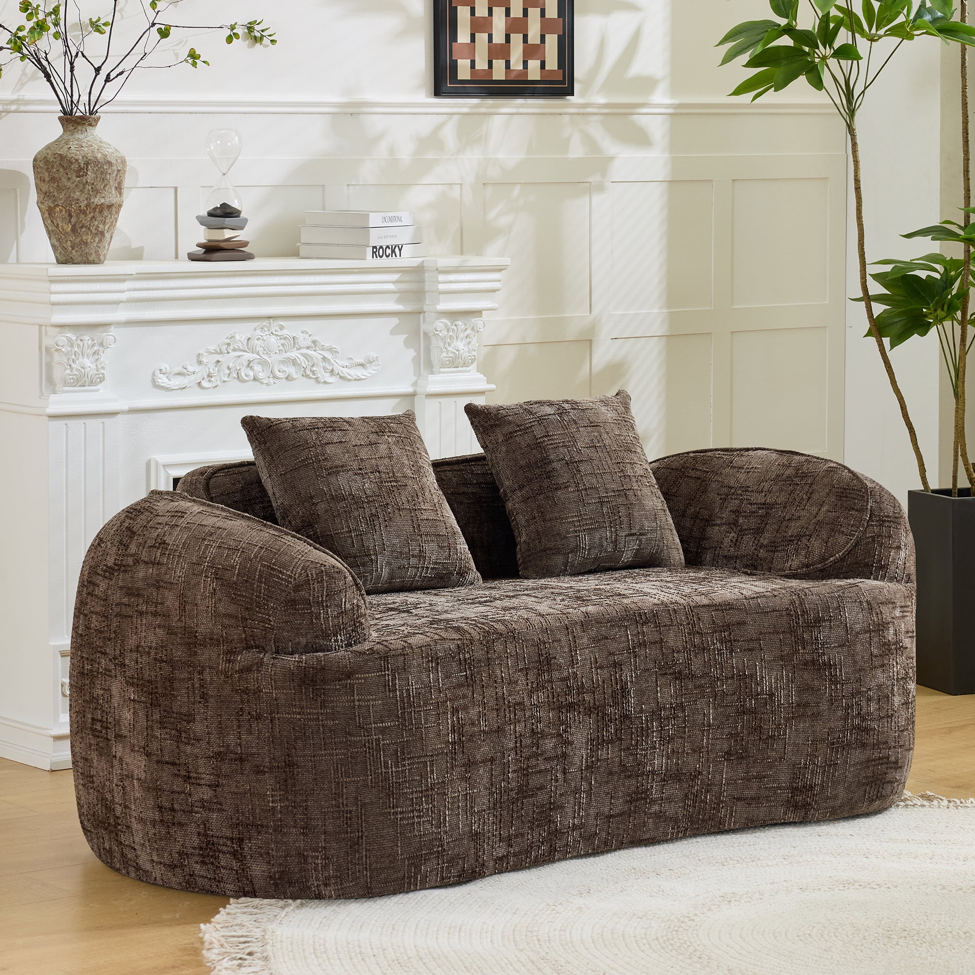 Leumius 66" 2 Seater Sofa Compress Sofa with Armrests & 2 Pillows,No Assembly Required,Compact Sofa Couch for Small Apartments,Living Room,Bedroom,Brown