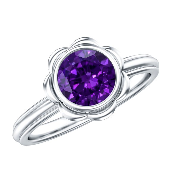 Rosec Jewels Natural Amethyst Solitaire Engagement Ring (1 Ct, AAA Quality) - Flower Ring for Women - with Jewelry Box, 925 Sterling Silver, US 4.00