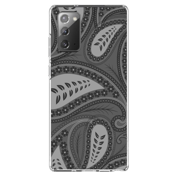 DistinctInk Clear Shockproof Hybrid Case for Samsung Galaxy Note 20 (6.7" Screen) - TPU Bumper, Acrylic Back, Tempered Glass Screen Protector - Big Grey Black Paisley